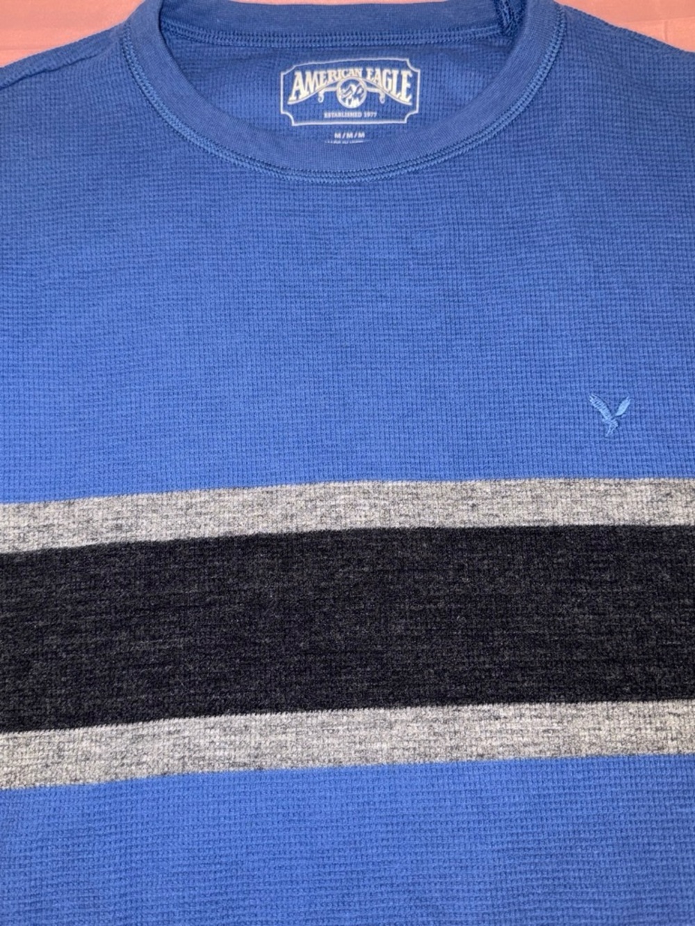 American Eagle Outfitters Blue Crewneck Sweater with Gray and Black Stripes
